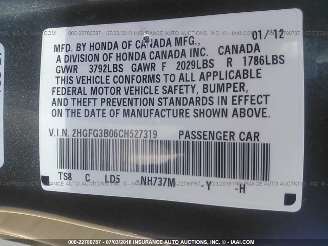 2HGFG3B06CH527319 - 2012 HONDA CIVIC EXL 灰色 照片 9