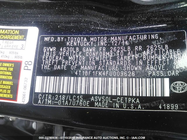 4T1BF1FK4FU009626 - 2015 TOYOTA CAMRY LE/XLE/SE/XSE BLACK photo 9