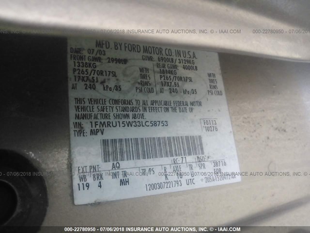1FMRU15W33LC58753 - 2003 FORD EXPEDITION XLT GOLD photo 9