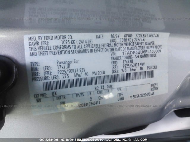 1FADP5BU6FL103009 - 2015 FORD C-MAX SEL SILVER photo 9