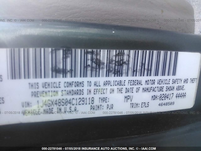 1J4GX48S04C129118 - 2004 JEEP GRAND CHEROKEE LAREDO/COLUMBIA/FREEDOM 绿色 照片 9