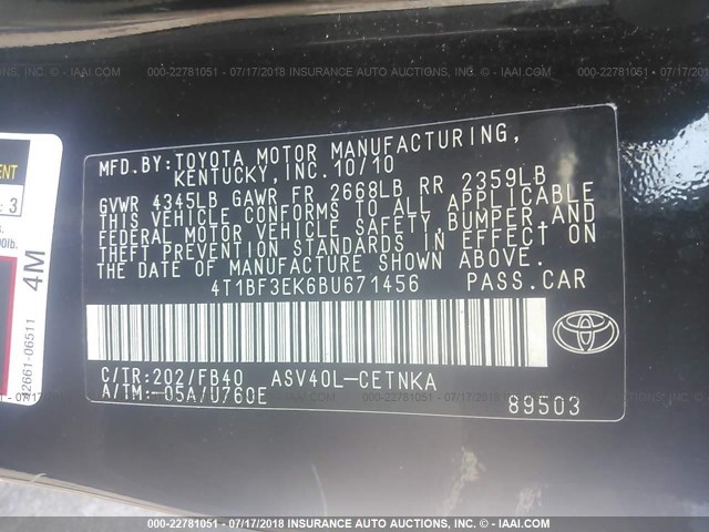 4T1BF3EK6BU671456 - 2011 TOYOTA CAMRY SE/LE/XLE BLACK photo 9