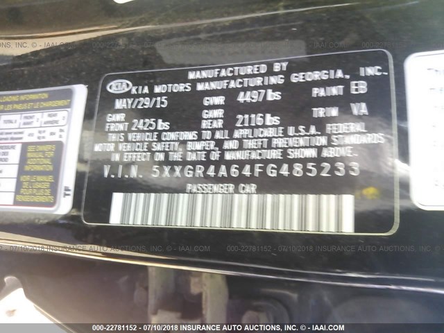 5XXGR4A64FG485233 - 2015 KIA OPTIMA SX BLACK photo 9