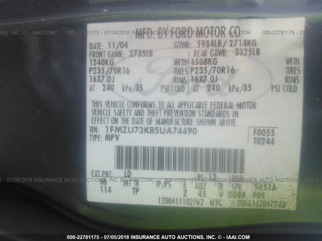 1FMZU73K85UA74490 - 2005 FORD EXPLORER XLT/XLT SPORT/NBX 蓝色 照片 9