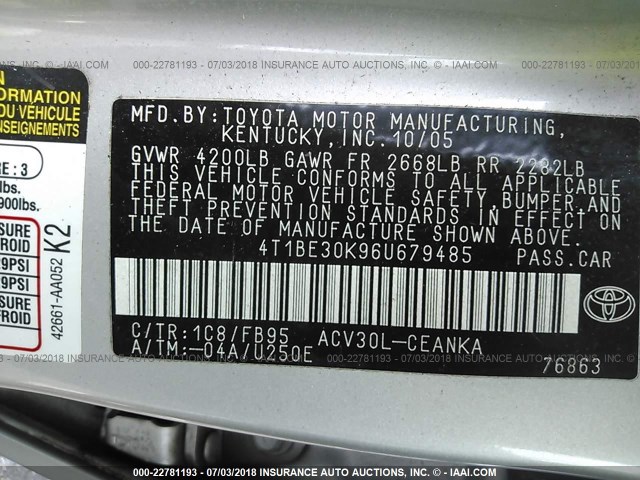 4T1BE30K96U679485 - 2006 TOYOTA CAMRY LE/XLE/SE 银色 照片 9