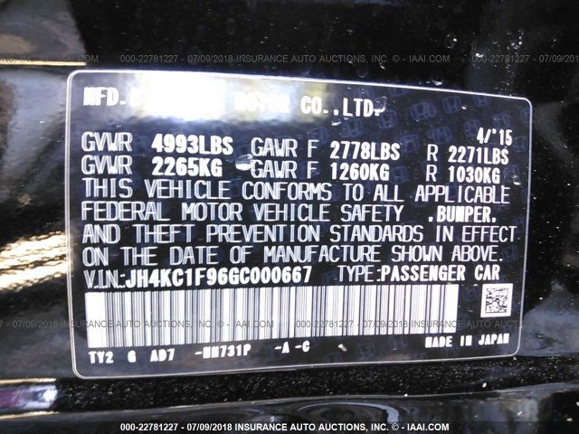 JH4KC1F96GC000667 - 2016 ACURA RLX ADVANCE BLACK photo 9