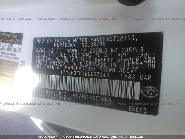 4T1BF3EK4BU637340 - 2011 TOYOTA CAMRY SE/LE/XLE 白色 照片 9