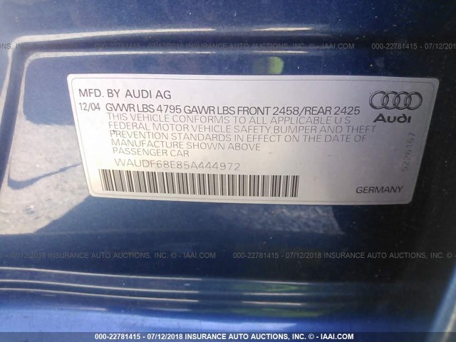 WAUDF68E85A444972 - 2005 AUDI A4 2.0T QUATTRO BLUE photo 9