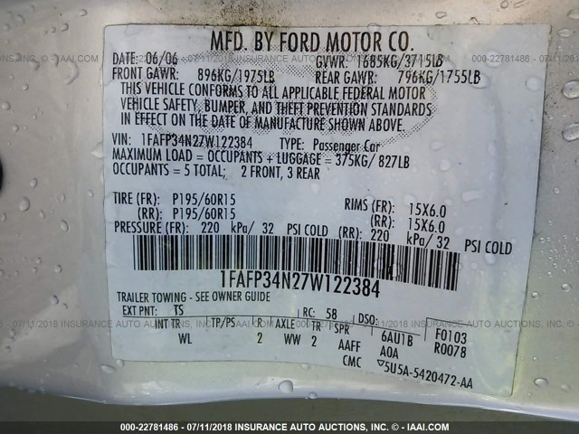 1FAFP34N27W122384 - 2007 FORD FOCUS ZX4/S/SE/SES 银色 照片 9