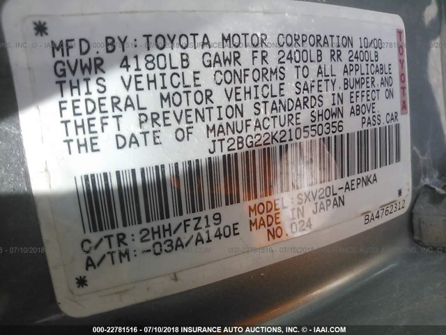 JT2BG22K210550356 - 2001 TOYOTA CAMRY CE/LE/XLE 灰色 照片 9