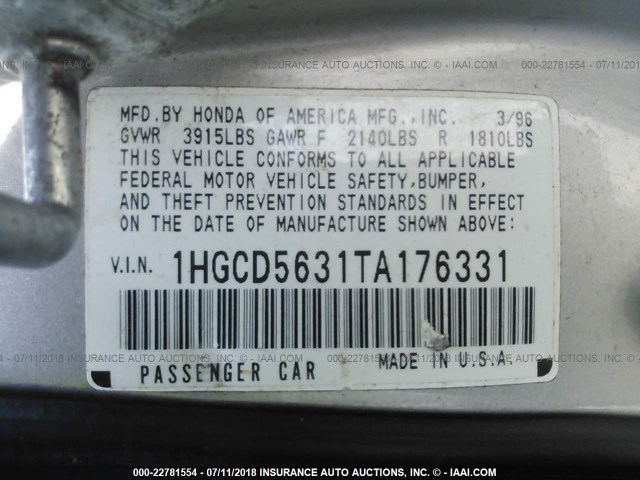 1HGCD5631TA176331 - 1996 HONDA ACCORD LX/EX TAN photo 9