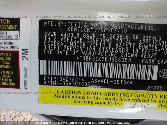 4T1BF3EK7BU635050 - 2011 TOYOTA CAMRY SE/LE/XLE WHITE photo 9