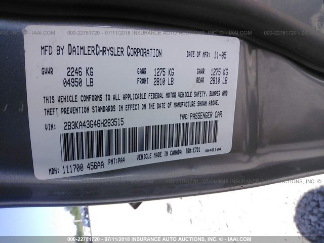 2B3KA43G46H283515 - 2006 DODGE CHARGER SE/SXT GRAY photo 9