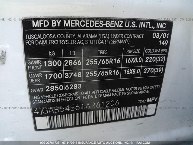 4JGAB54E61A261206 - 2001 MERCEDES-BENZ ML 320 WHITE photo 9