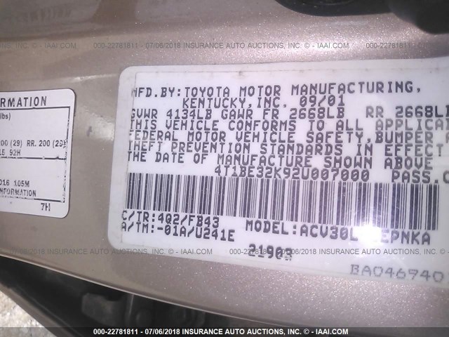 4T1BE32K92U007000 - 2002 TOYOTA CAMRY LE/XLE/SE 棕色 照片 9