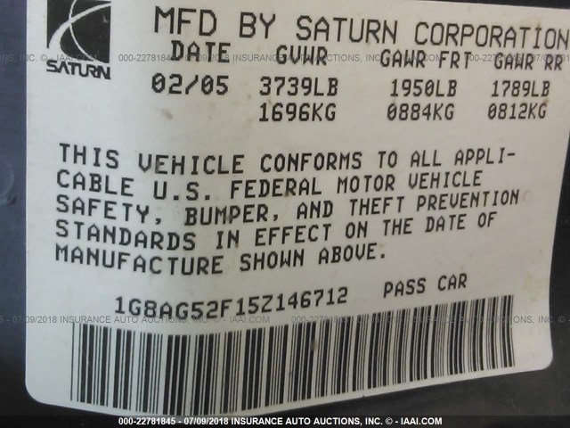 1G8AG52F15Z146712 - 2005 SATURN ION LEVEL 1 SILVER photo 9