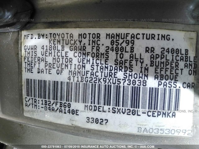 4T1BG22K9XU573038 - 1999 TOYOTA CAMRY CE/LE/XLE Pewter photo 9
