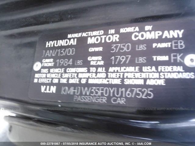 KMHJW35F0YU167525 - 2000 HYUNDAI ELANTRA GLS MAROON photo 9