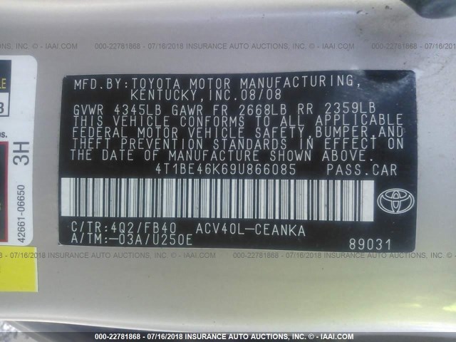 4T1BE46K69U866085 - 2009 TOYOTA CAMRY SE/LE/XLE 米色 照片 9