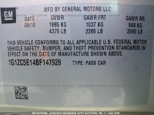 1G1ZC5E14BF147928 - 2011 CHEVROLET MALIBU 1LT 金色 照片 9