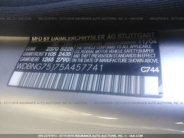 WDBNG75J75A457741 - 2005 MERCEDES-BENZ S 500 SILVER photo 9