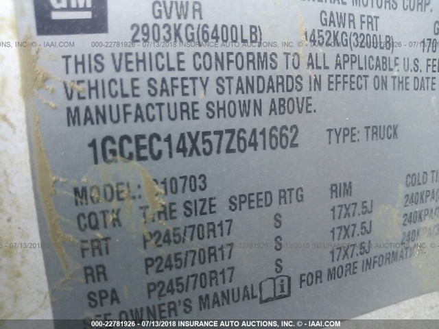 1GCEC14X57Z641662 - 2007 CHEVROLET SILVERADO C1500 CLASSIC WHITE photo 9