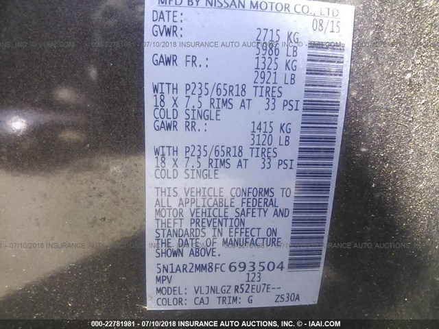 5N1AR2MM8FC693504 - 2015 NISSAN PATHFINDER S/SV/SL/PLATINUM 灰色 照片 9