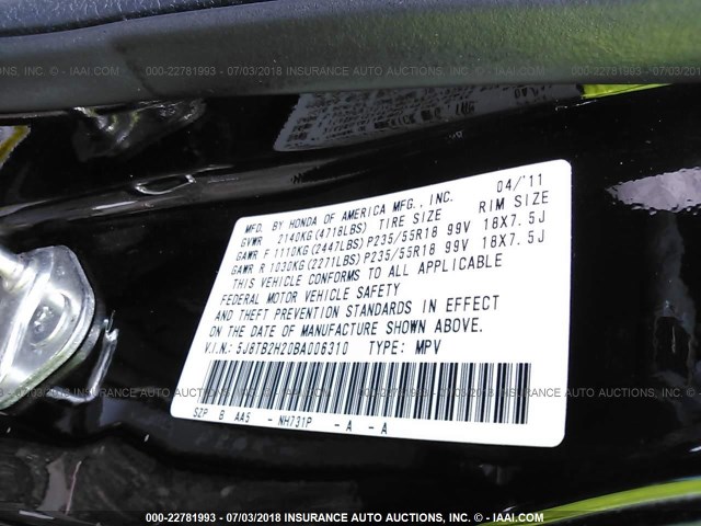 5J8TB2H20BA006310 - 2011 ACURA RDX BLACK photo 9