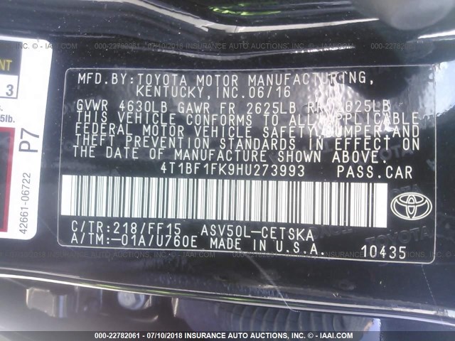 4T1BF1FK9HU273993 - 2017 TOYOTA CAMRY LE/XLE/SE/XSE BLACK photo 9