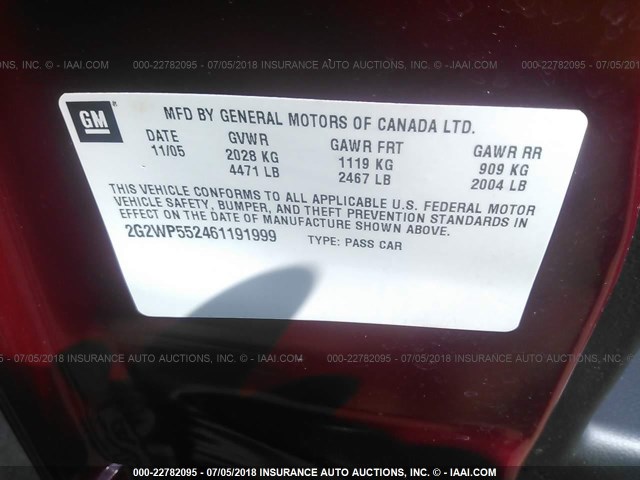 2G2WP552461191999 - 2006 PONTIAC GRAND PRIX RED photo 9