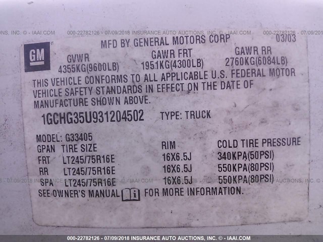 1GCHG35U931204502 - 2003 CHEVROLET EXPRESS G3500  WHITE photo 9