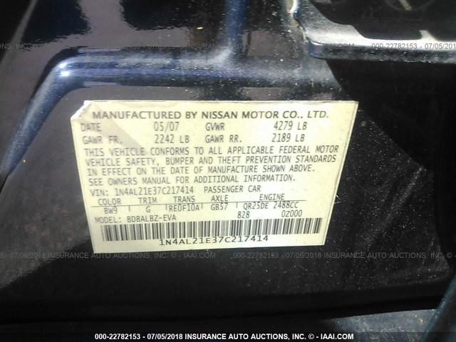 1N4AL21E37C217414 - 2007 NISSAN ALTIMA 2.5/2.5S BLUE photo 9