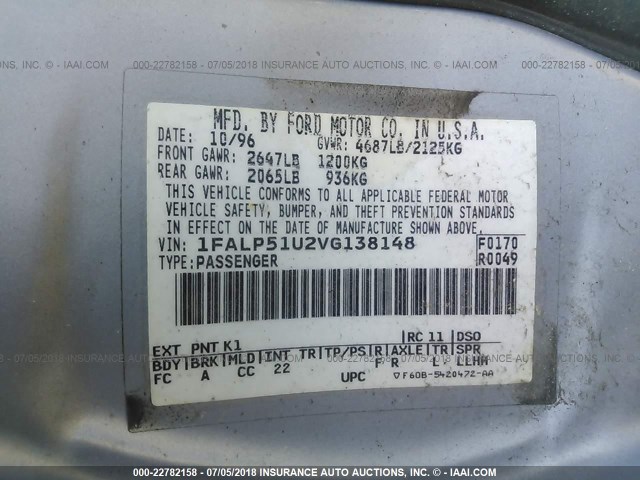 1FALP51U2VG138148 - 1997 FORD TAURUS G Light Blue photo 9