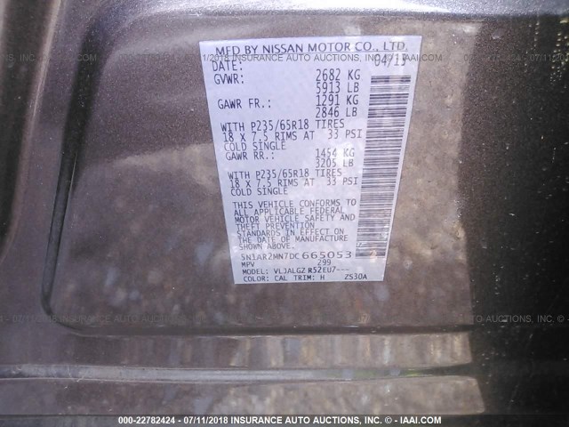 5N1AR2MN7DC665053 - 2013 NISSAN PATHFINDER S/SV/SL/PLATINUM GRAY photo 9