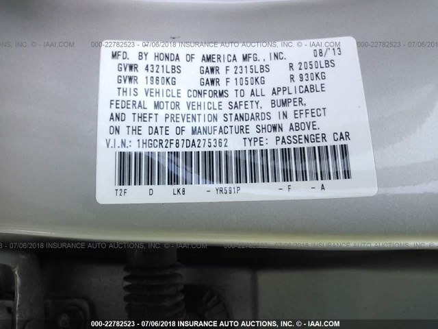 1HGCR2F87DA275362 - 2013 HONDA ACCORD EXL GOLD photo 9