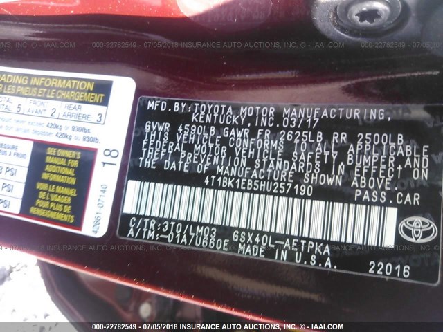 4T1BK1EB5HU257190 - 2017 TOYOTA AVALON XLE PLUS/PREMIUM/TOUR/LTD PURPLE photo 9