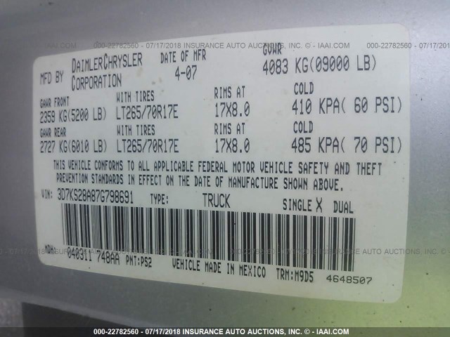 3D7KS28A87G798691 - 2007 DODGE RAM 2500 ST/SLT 银色 照片 9