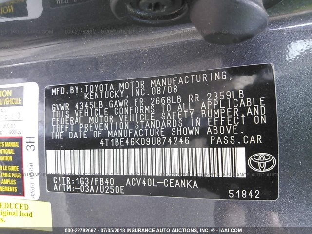4T1BE46K09U874246 - 2009 TOYOTA CAMRY SE/LE/XLE 灰色 照片 9