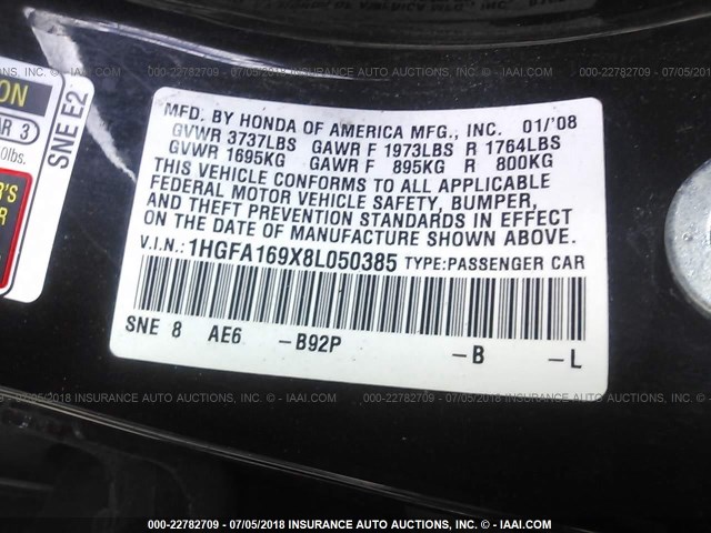 1HGFA169X8L050385 - 2008 HONDA CIVIC EXL შავი ფოტო 9