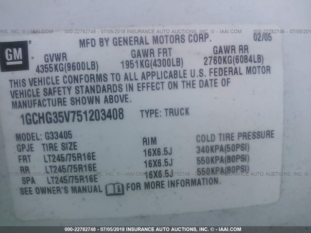 1GCHG35V751203408 - 2005 CHEVROLET EXPRESS G3500  WHITE photo 9