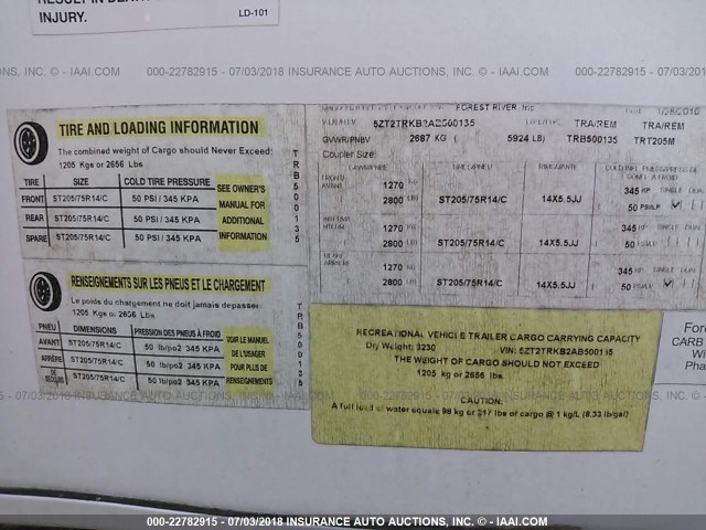5ZT2TRKB2AB500135 - 2010 FOREST RIVER TRACER TRAVEL TRAILER  WHITE photo 9