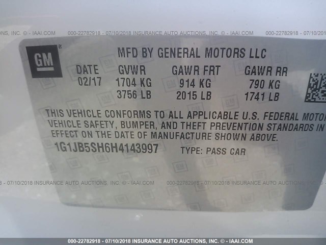 1G1JB5SH6H4143997 - 2017 CHEVROLET SONIC LS 白色 照片 9