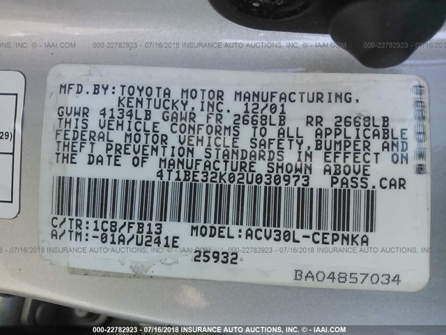 4T1BE32K02U030973 - 2002 TOYOTA CAMRY LE/XLE/SE Gümüş foto 9