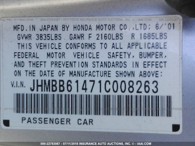 JHMBB61471C008263 - 2001 HONDA PRELUDE SILVER photo 9