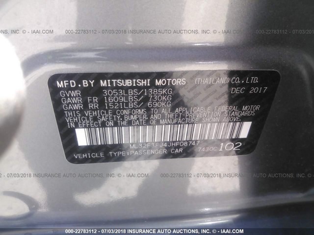 ML32F3FJ4JHF08747 - 2018 MITSUBISHI MIRAGE G4 ES Серый фото 9