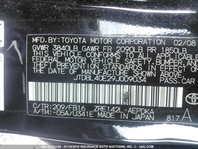 JTDBL40E29J009034 - 2009 TOYOTA COROLLA LE/XLE BLACK photo 9