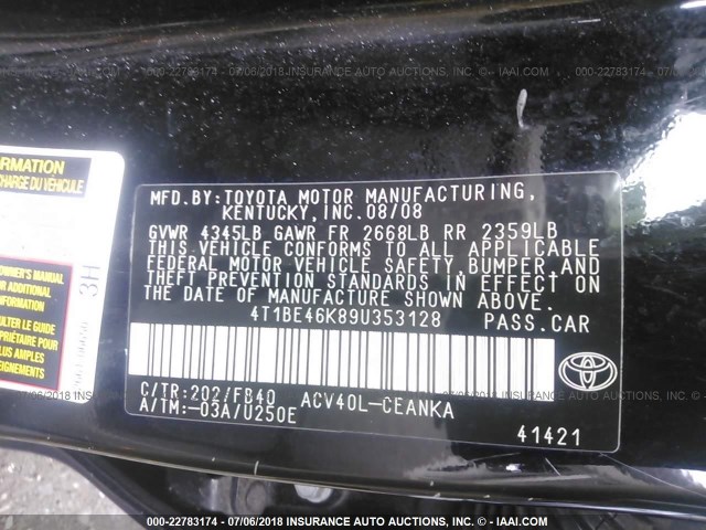 4T1BE46K89U353128 - 2009 TOYOTA CAMRY SE/LE/XLE BLACK photo 9