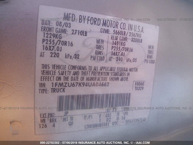 1FMZU67K94UA04662 - 2004 FORD EXPLORER SPORT TR  SILVER photo 9