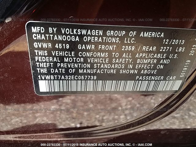 1VWBT7A32EC057739 - 2014 VOLKSWAGEN PASSAT SE MAROON photo 9