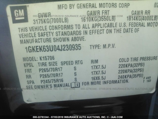 1GKEK63U04J230935 - 2004 GMC YUKON DENALI GRAY photo 9